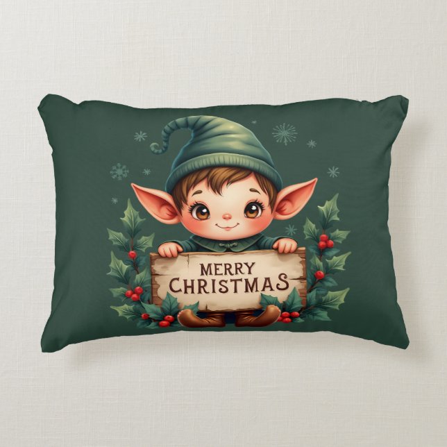 Lieve Kerstelf met vrolijk bord Groen Accent Kussen (Voorkant)