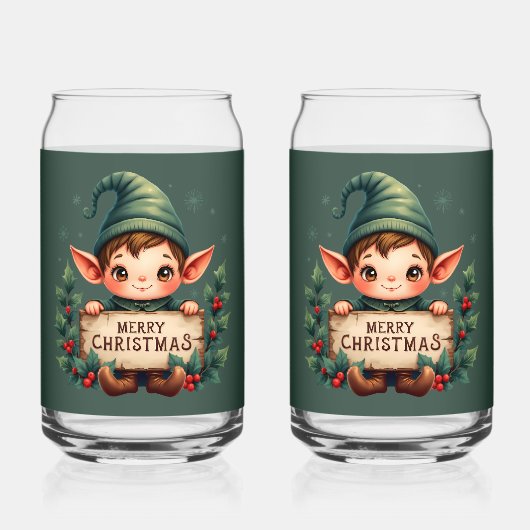 Lieve Kerstelf met vrolijk bord Groen Blikvorm Glas (Voorkant)