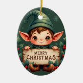 Lieve Kerstelf met vrolijk bord Groen Keramisch Ornament (Voorkant)