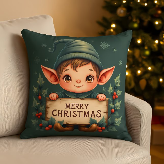 Lieve Kerstelf met vrolijk bord in het groen Kussen (Cute Christmas Elf Holding Merry Sign Green Throw Pillow)
