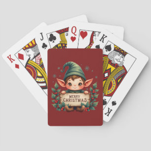 Lieve Kerstelf met vrolijk bordje rood Pokerkaarten