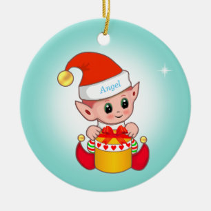 Lieve Kerstelf & ster op lichtblauw Keramisch Ornament