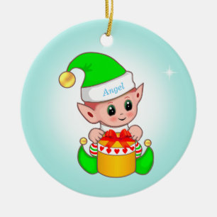 Lieve Kerstelf & ster op lichtblauw Keramisch Ornament