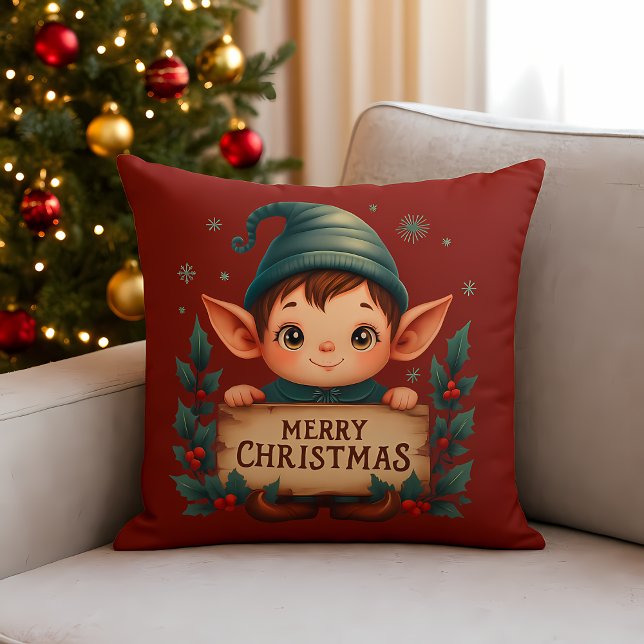 Lieve Kerstelf vasthoudend een vrolijk bordje rood Kussen (Cute Christmas Elf Holding Merry Sign Red Throw Pillow)