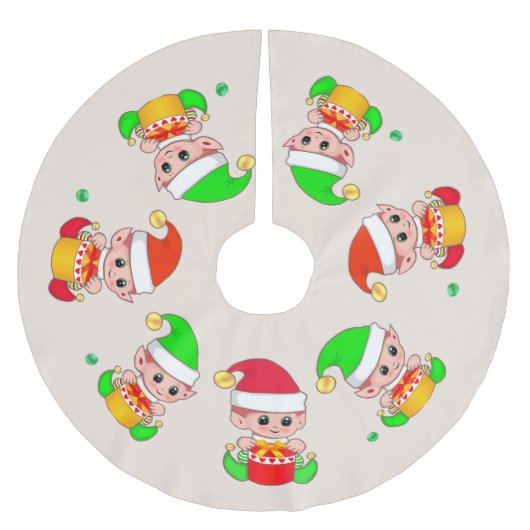Lieve Kerstelfjes op lichtbeige Kerstboom Rok (Voorkant)