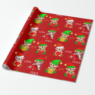 Lieve Kerstelfjes op Rood Cadeaupapier