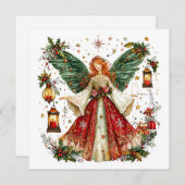 Lieve Kerstengel & verlichte lantaarns & bessen Feestdagenkaart (Voorkant / Achterkant)