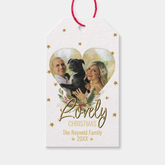 Lieve kerstfeestjes Glitter Stars Foto Heart Cadeaulabel (Voorkant)