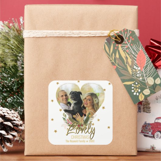 Lieve kerstfoto van Glitter Stars Heart Vierkante Sticker (Feestdagen)