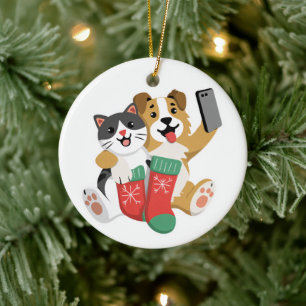 Lieve Kersthond en Katten Selfie – Grappige Feestd Keramisch Ornament