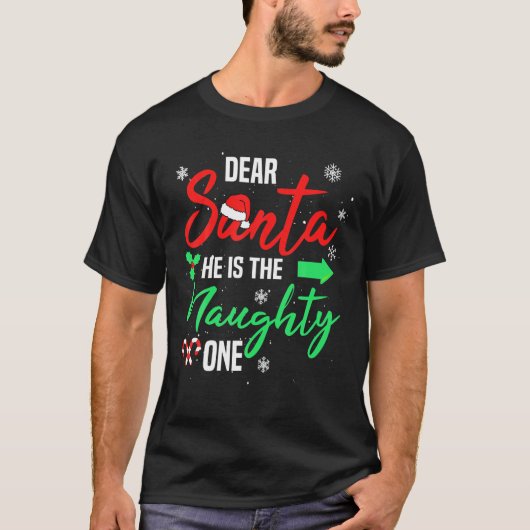 Lieve kerstman hij is de ondeugende een kerst fami t-shirt (Voorkant)