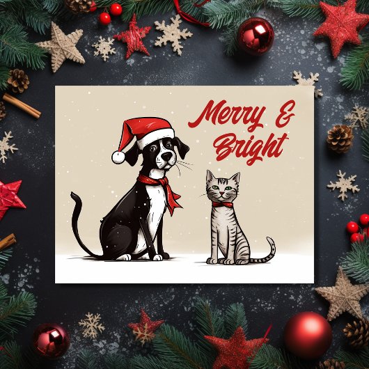 Lieve Kerstman Hond en Kat Vrolijke Kerstmis Feestdagenkaart