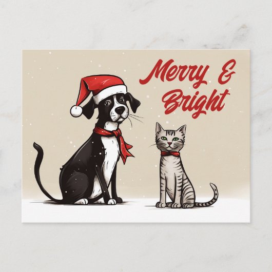 Lieve Kerstman Hond en Kat Vrolijke Kerstmis Feestdagenkaart (Voorkant)