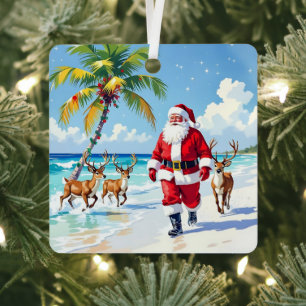 Lieve Kerstman op het Strand met Rendieren Persoon Metalen Ornament