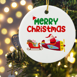 Lieve Kerstman vliegt in vliegtuig & slee, Kerstmi Keramisch Ornament