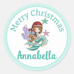 Lieve Kerstmeermin in Kerstmannenhoed op Turquoise Ronde Sticker