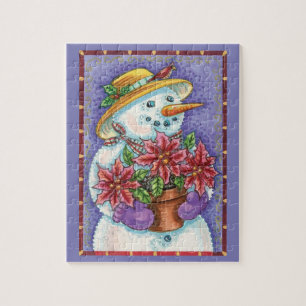 Lieve Kerstmeisje Sneeuwman met Poinsettia Legpuzzel