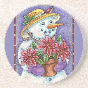 Lieve Kerstmeisje Sneeuwman met Poinsettia Zandsteen Onderzetter