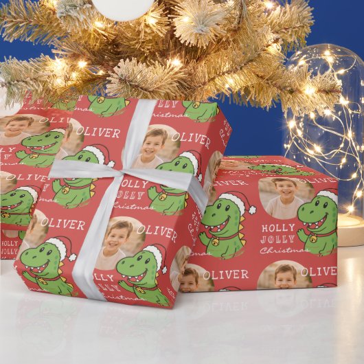 Lieve Kerstmis Dinosaurus Foto Kinderen Cadeaupapier (Feestdagen)