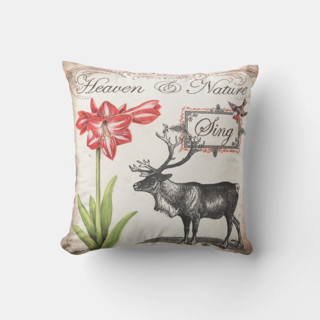 Lieve kerstrenrendiertje, vogel, Amaryllis pillow Kussen (Voorkant)
