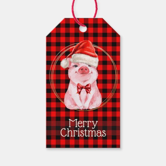 Lieve Kerstvarken Met Buffalo Stippelpatroon Rood Cadeaulabel (Voorkant)