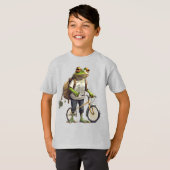 Lieve kikker in T-shirt en rugzak fiets  (Voorkant volledig)
