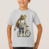 Lieve kikker in T-shirt en rugzak fiets  (Voorkant)
