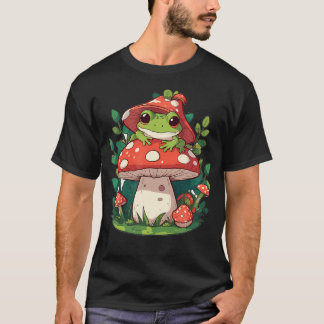 Lieve kikker op paddenstoel cartoon esthetische ku t-shirt