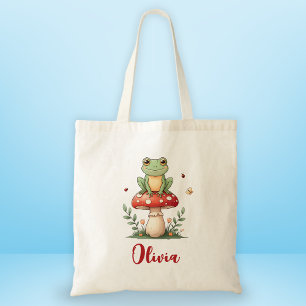 Lieve kikker op rode paddenstoel tote bag