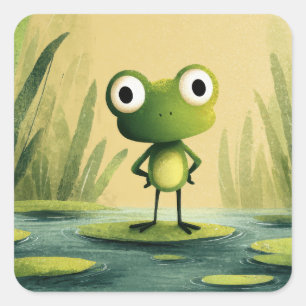 Lieve Kikker op Waterlelieblad – Whimsicale Cartoo Vierkante Sticker