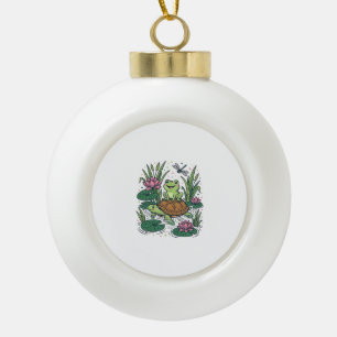 Lieve kikker rijdt op schildpad vijver vintage vec keramische bal ornament
