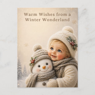 Lieve kind en sneeuwman kerstkaart feestdagenkaart
