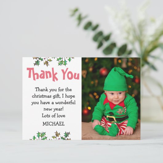 Lieve Kinderen Hulstblaadjes Foto Kerstmis Bedankkaart (Staand voorkant)