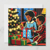 Lieve kinderen op kerstochtend gepersonaliseerd feestdagenkaart (Voorkant)