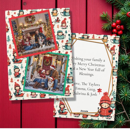 Lieve kinderen sleeën twee foto Kerstmis Feestdagenkaart