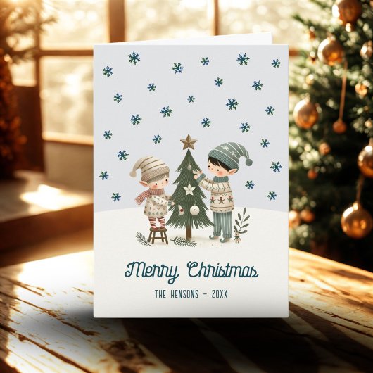 Lieve kinderen versieren kerstboom tekening feestdagen kaart