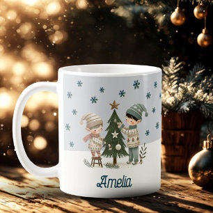 Lieve Kinderen Versieren Kerstboom Tekening Naam Koffiemok