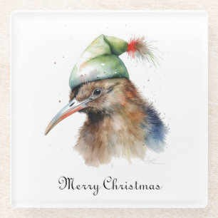 Lieve Kiwi vogel in Kerstmuts, op maat gemaakt Glazen Onderzetter