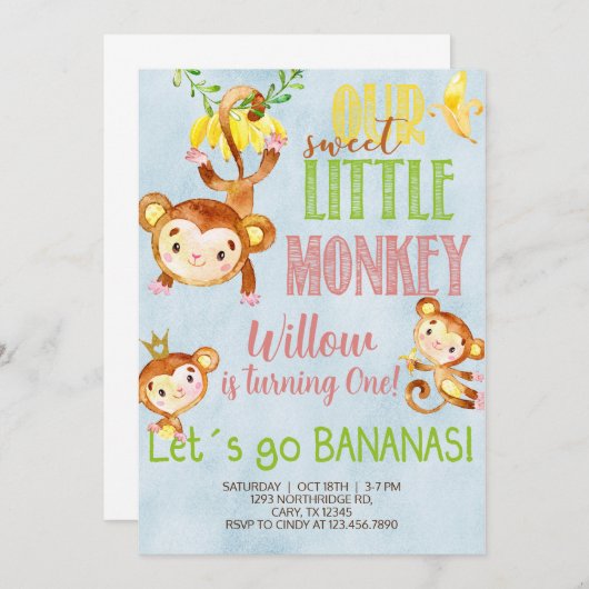 Lieve kleine aap, elke uitnodiging voor de verjaar (Voorkant / Achterkant)