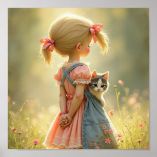 Lieve kleine meid met haar kitten poster