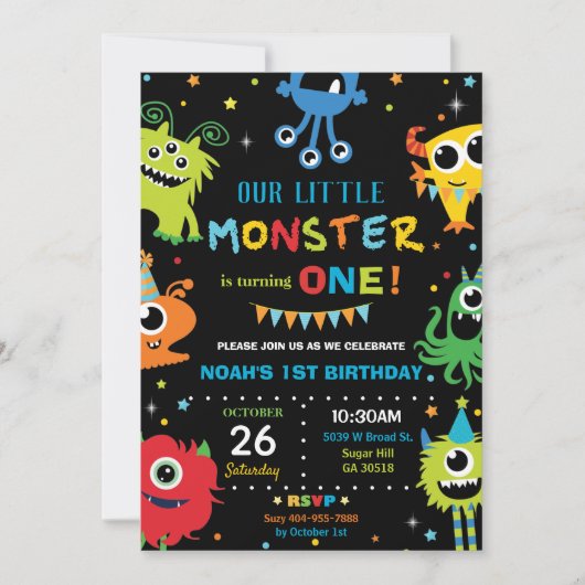 Lieve Kleine Monster Jongen 1e Verjaardag Kleurrij Kaart (Voorkant)