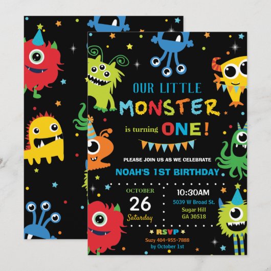 Lieve Kleine Monster Jongen 1e Verjaardag Kleurrij Kaart (Voorkant / Achterkant)