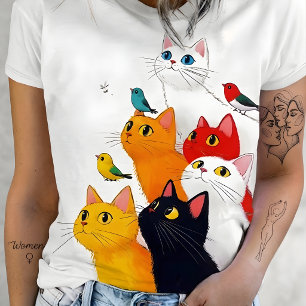Lieve Kleurrijke Katten & Vogels Illustratie T-shirt