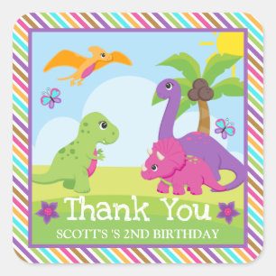 Lieve Kleurrijke Meisje Dinosaurus Vrienden Verjaa Vierkante Sticker