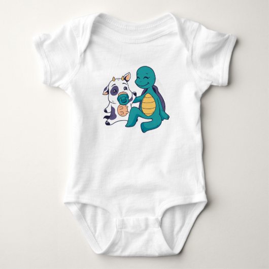 Lieve Koe en Schildpad Knuffelende Cartoon Romper (Voorkant)