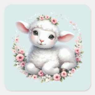Lieve Lammetje met Bloemenkroon Illustratie Vierkante Sticker