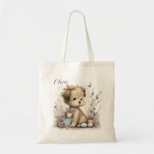 Lieve Lente Puppy Illustratie met Pastel Kleur Blo Tote Bag
