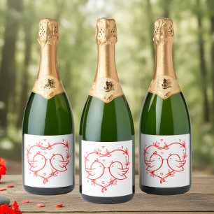 Lieve Liefdesvogels Boho Rode Hartentuin Bruiloft Sparkling Wijnetiket