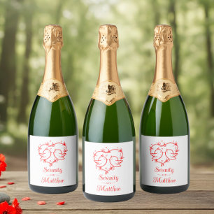 Lieve Liefdesvogels Boho Rode Hartentuin Bruiloft Sparkling Wijnetiket