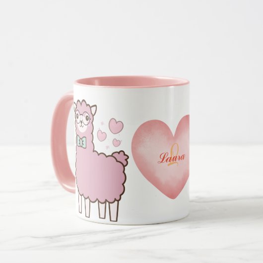 Lieve Llama Met Roze Hartjes Meisjesnaam Monogram Mok (Voorkant links)